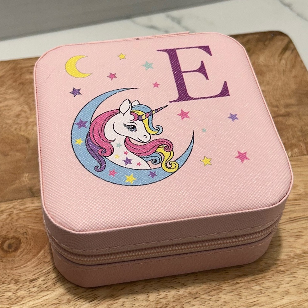 Pink Unicorn Jewelry Box with letter E